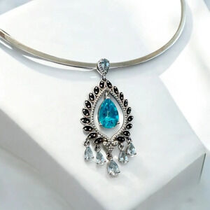 Swiss Blue Topaz|Aquamarine|Onyx Chandelier Sterling Silver Pendant